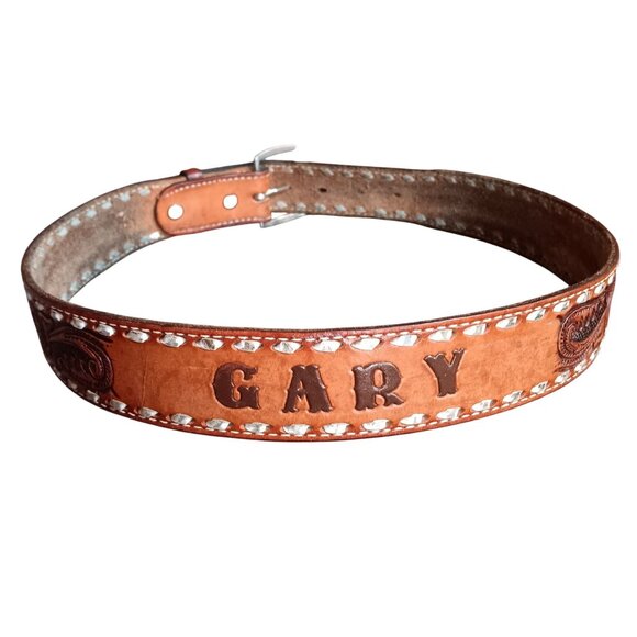 32 Vintage Men's Belt Leather Western Cowboy "Gary" Monogram USA 1970's Hippy - Picture 4 of 7